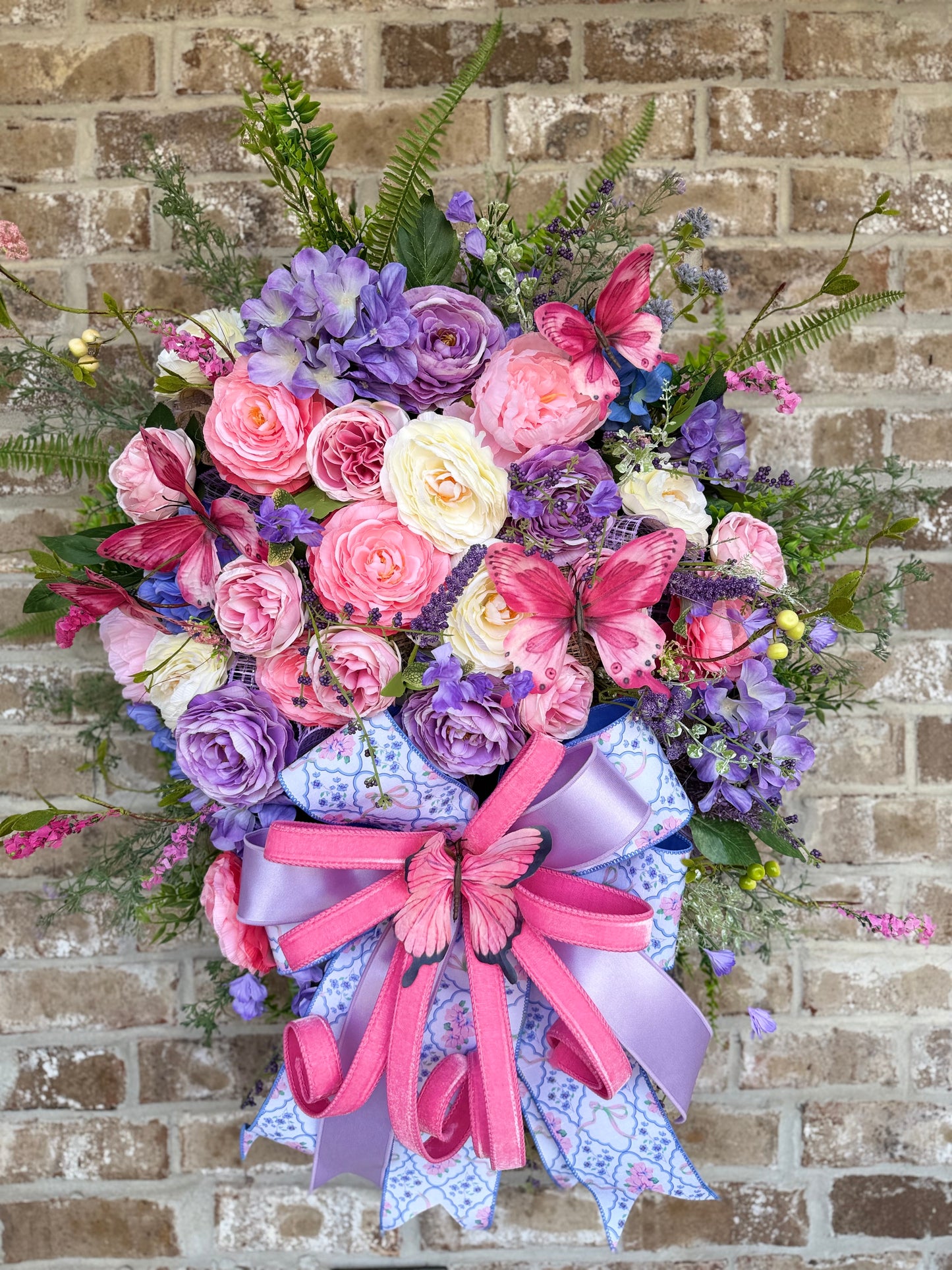 Large Spring Floral Wreath with Butterflies – Pink & Lavender Front Door Decor