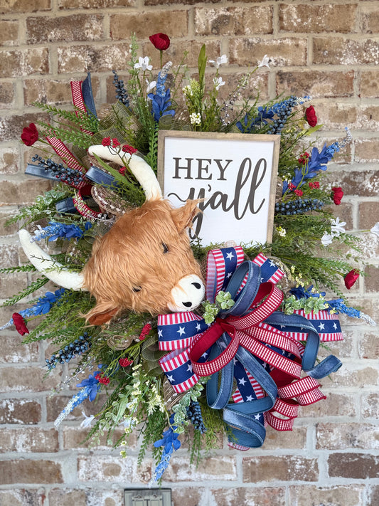 Highland Cow Patriotic Wreath