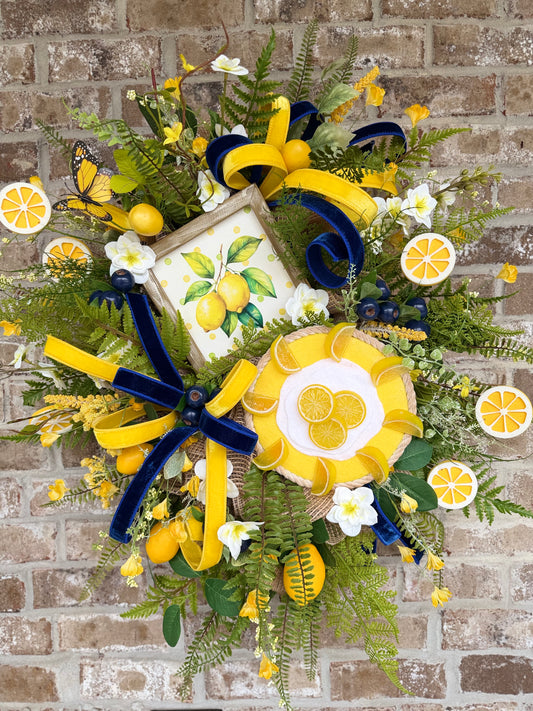 Lemon Wreath for Front Door – Summer Citrus Decor with Yellow & Blue Ribbon