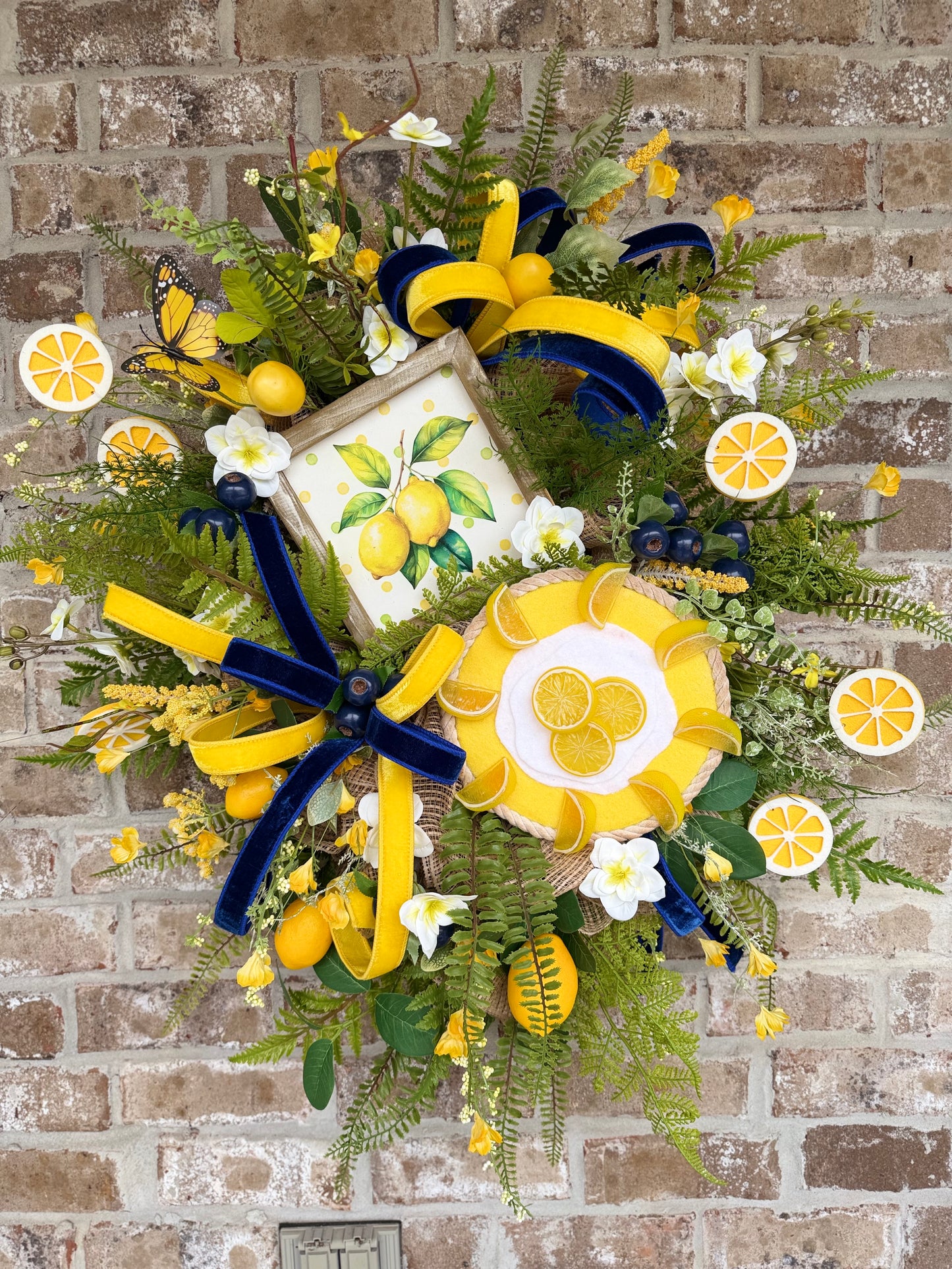 Lemon Wreath for Front Door – Summer Citrus Decor with Yellow & Blue Ribbon