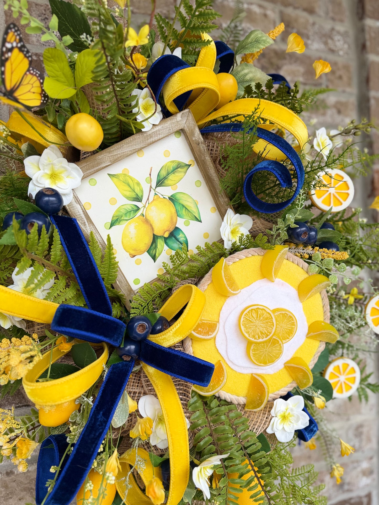 Lemon Wreath for Front Door – Summer Citrus Decor with Yellow & Blue Ribbon