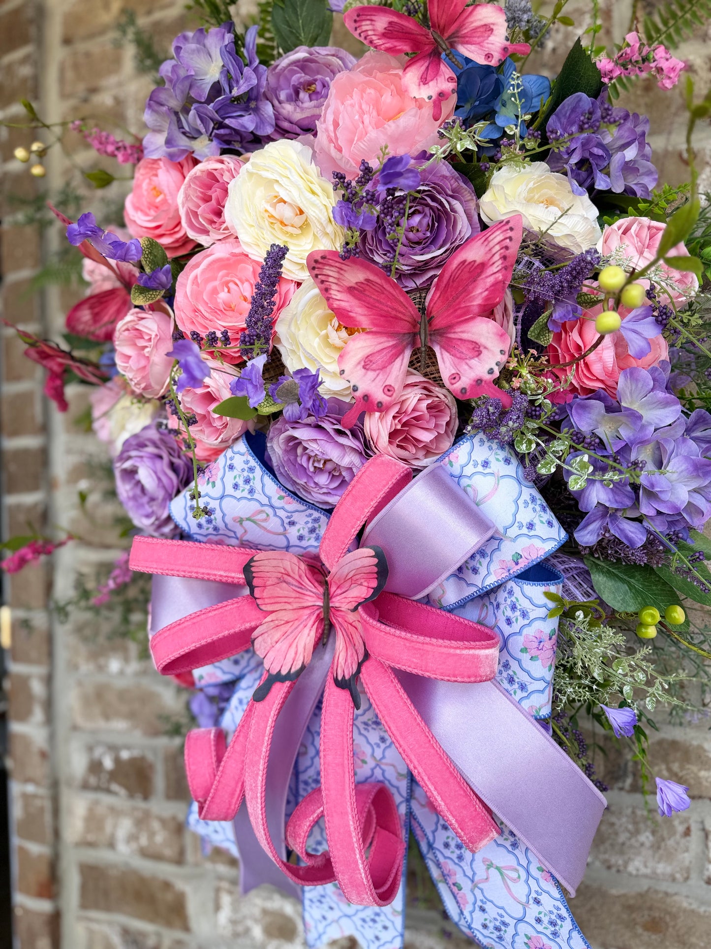Large Spring Floral Wreath with Butterflies – Pink & Lavender Front Door Decor
