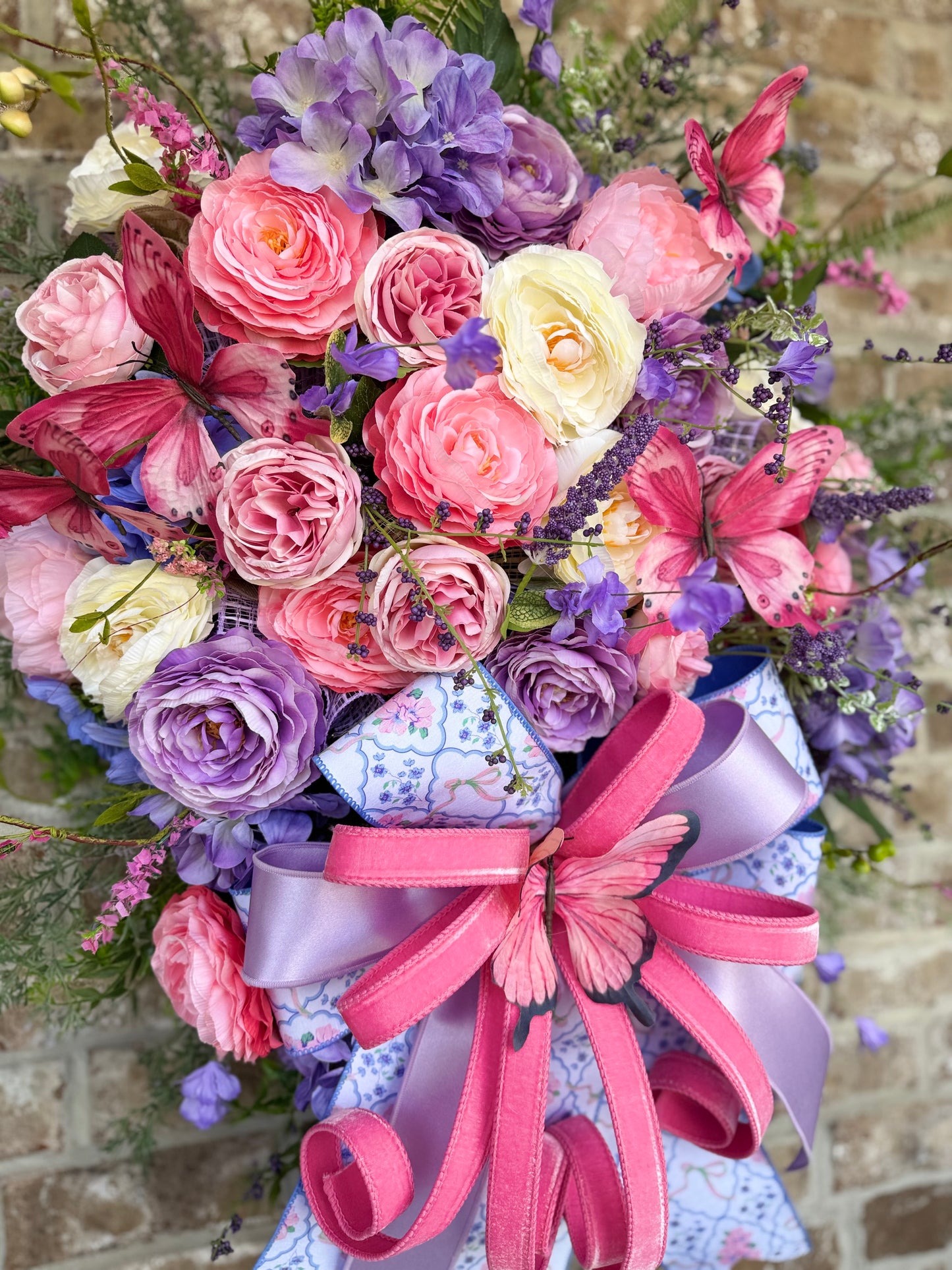 Large Spring Floral Wreath with Butterflies – Pink & Lavender Front Door Decor