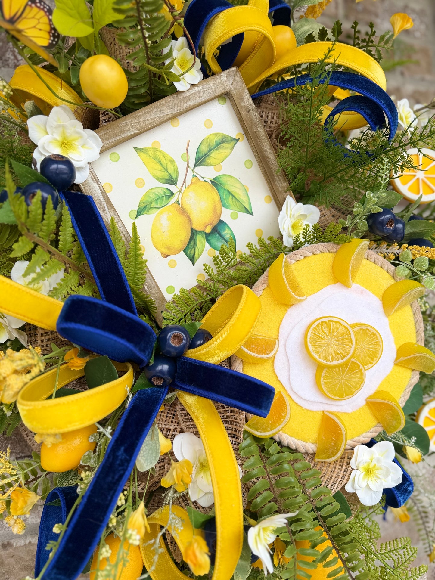 Lemon Wreath for Front Door – Summer Citrus Decor with Yellow & Blue Ribbon