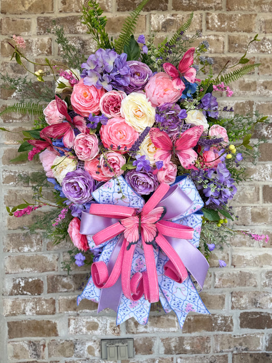 Large Spring Floral Wreath with Butterflies – Pink & Lavender Front Door Decor