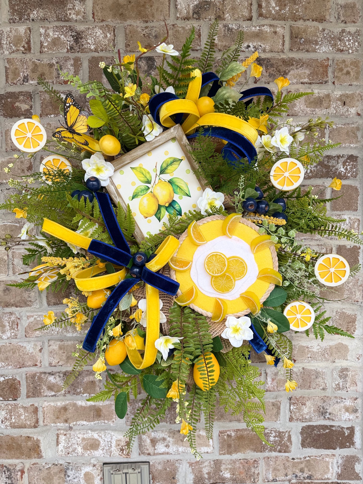 Lemon Wreath for Front Door – Summer Citrus Decor with Yellow & Blue Ribbon