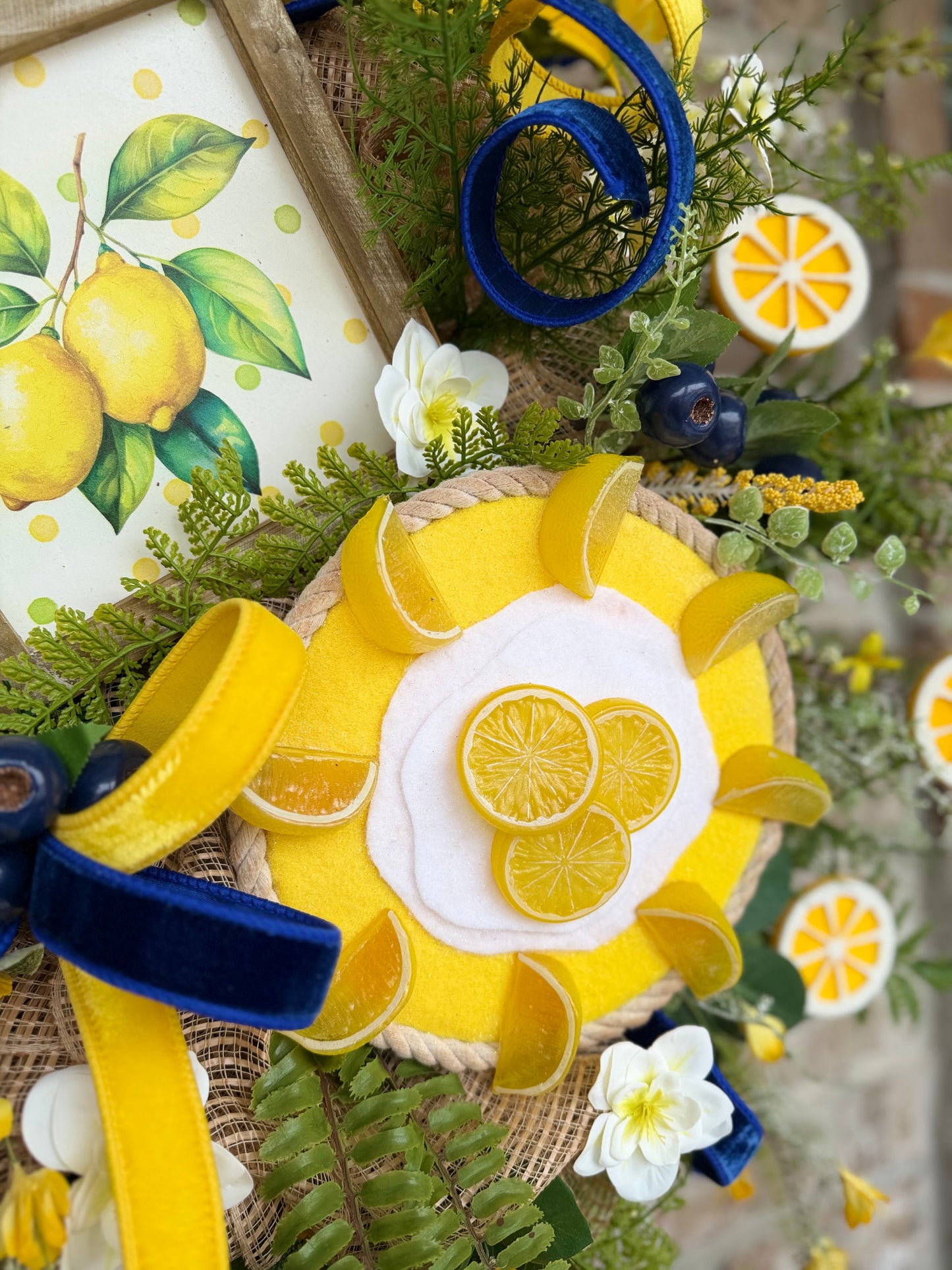 Lemon Wreath for Front Door – Summer Citrus Decor with Yellow & Blue Ribbon